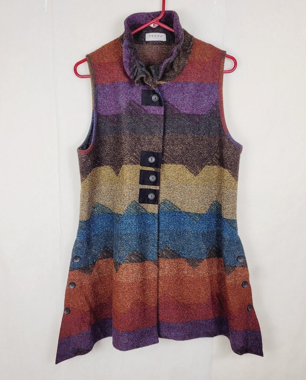 Terra striped ruffled high collar asymmetric hem tunic vest womens Med western